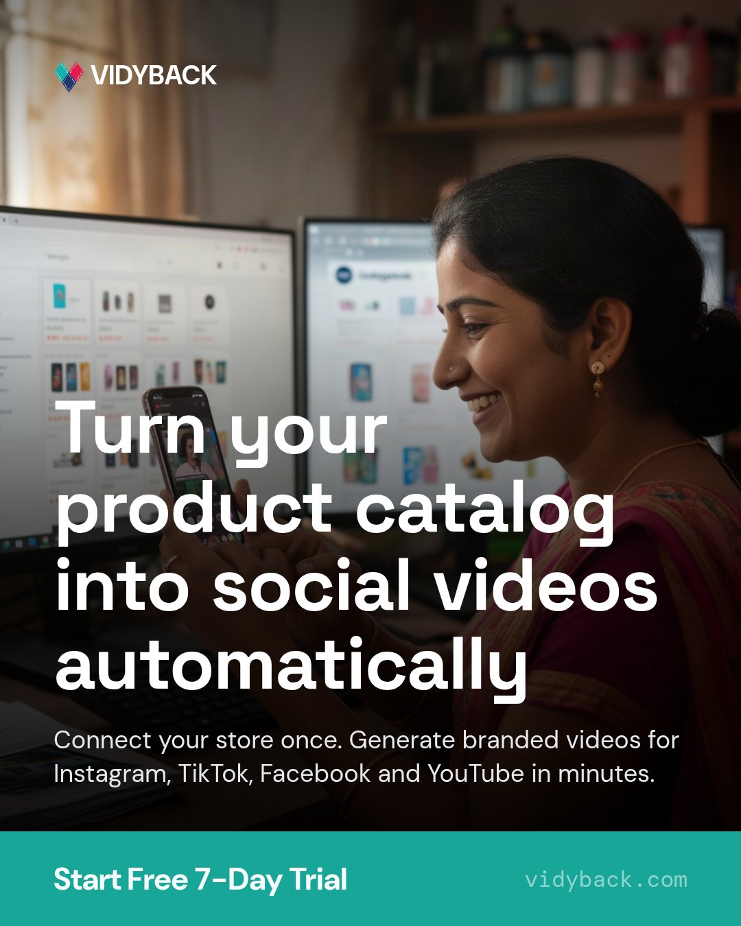 Turn your product catalog into social videos automatically — Stop spending hours creating social videos. Connect your Shopify, WooCommerce or Etsy store and VidyBack generates…