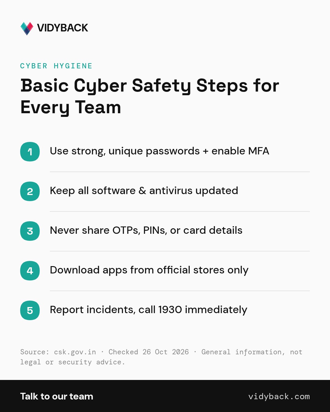Basic Cyber Safety Steps for Every Team — CERT-In outlines simple steps every team should follow to stay safe online. Strong passwords, multi-factor authentication, and updated…
